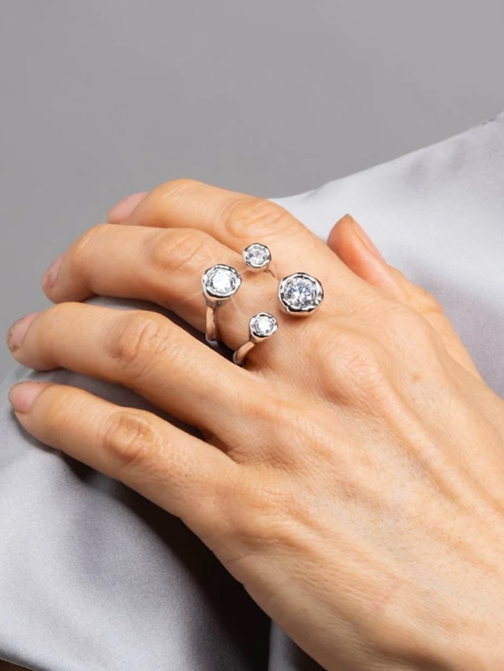 NEW Alexis Bittar Asterales Open Ring Silver Clear CZ Adjustable JL11